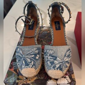 Valentino rockstud blue denim with butterflies wedges